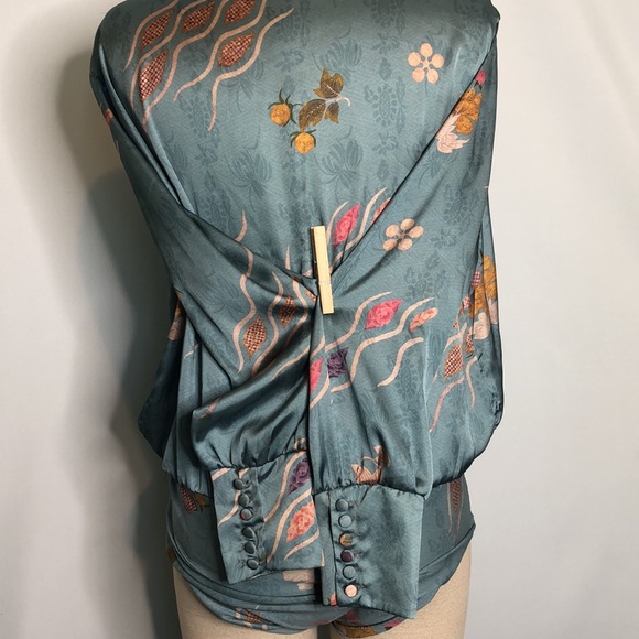 #134 Zara accessories long sleeved teal floral Faux Silk bodysuit Small - Picture 15 of 15